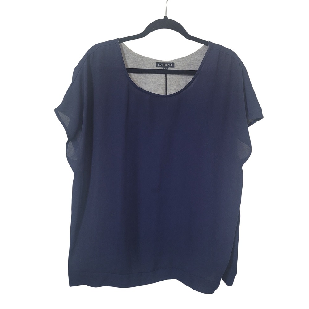 Lane Bryant 18/20 Mixed Media Blouse Womens Navy Chiffon Grey Knit Split Back